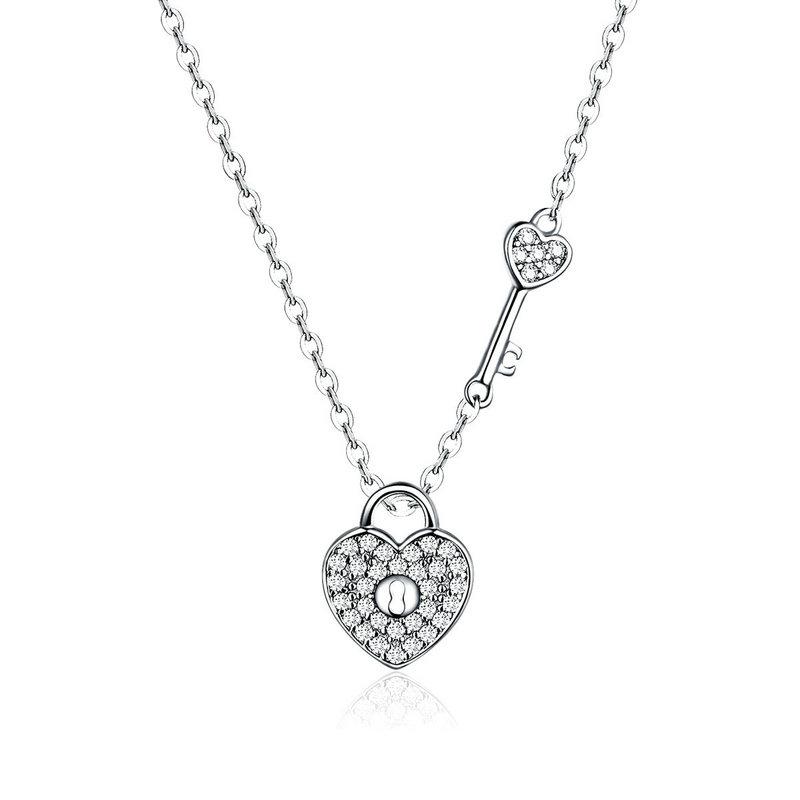 WOSTU 925 Sterling Silver Lock Heart Dangle Pendant Heart Highlights Necklaces Dazzling CZ Chain For Women 925 Jewelry CQN315