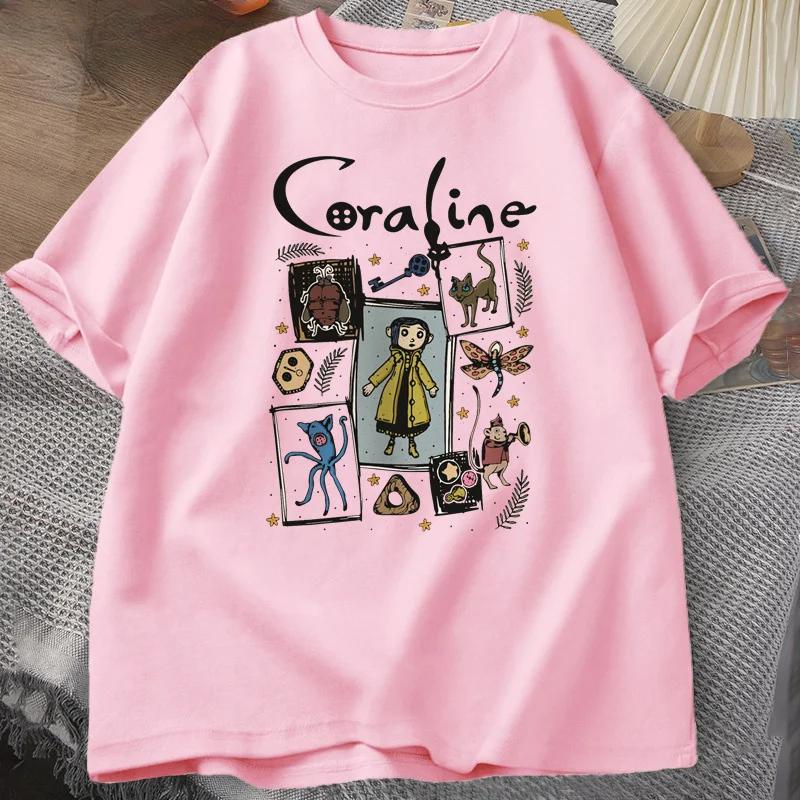 

Футболка Coraline Halloween Чоловіча футболка Spooky Vintage Harajuku Fall Футболка з короткими рукавами Бавовна Жіночий одяг Футболки чоловічі XXL рожевий