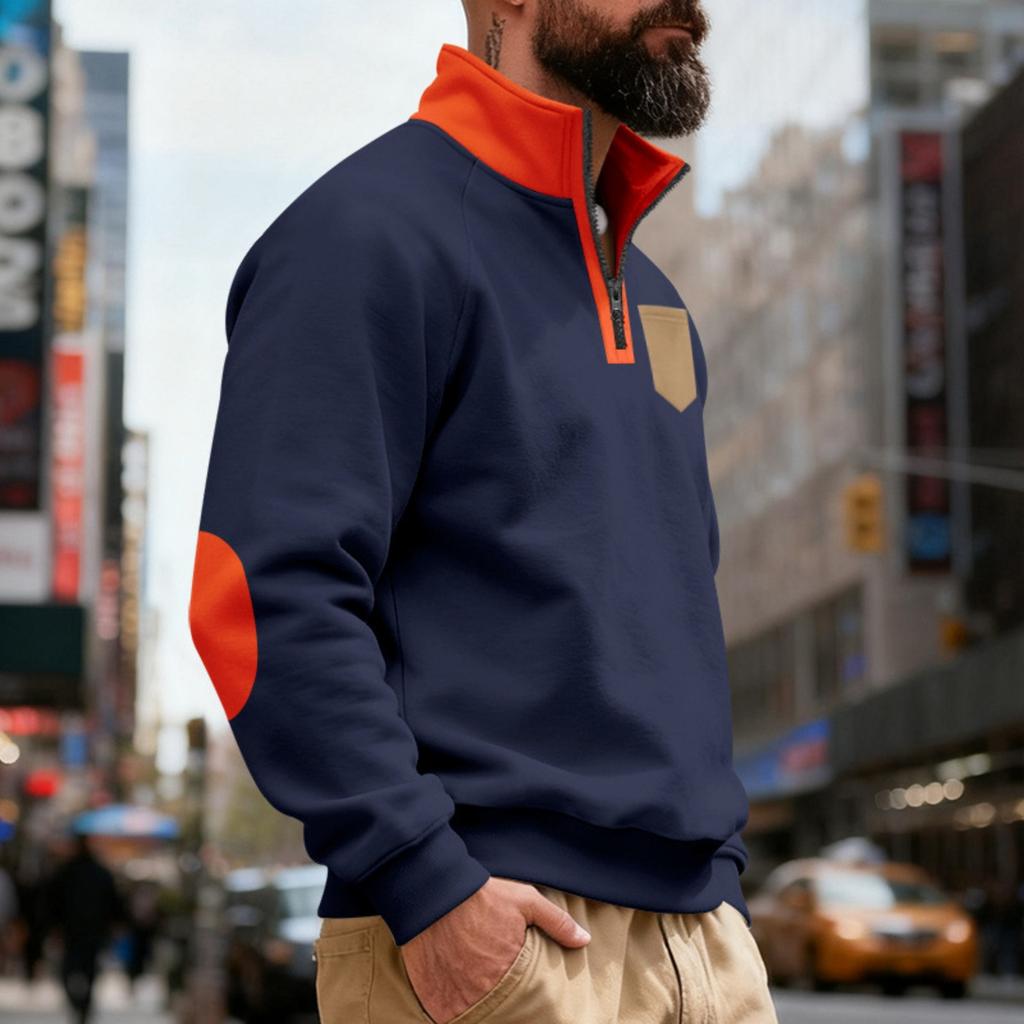 Men's Loose And Casual Two-color Fleece Stand-up Collar Pullover, Half-zipper Long-sleeved Sweatshirt