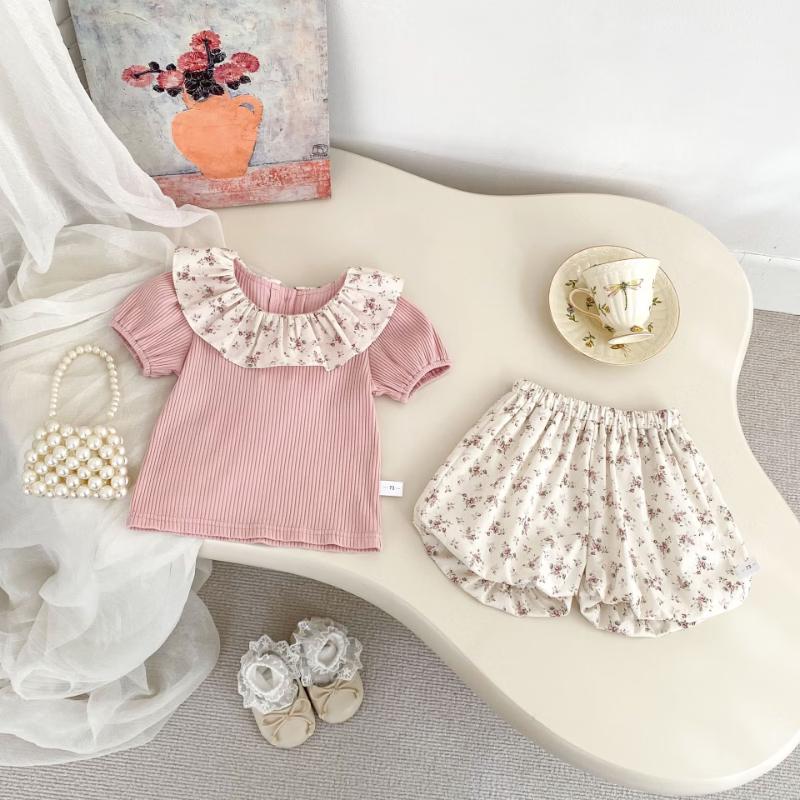 Kayoudou Baby Girl Floral Lapel T-shirt & Shorts Set 80CM