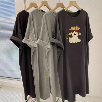 Korean-style Casual Large-sized Short-sleeved Lazy Dress, Mid-length T-shirt Dress for Women, Loose and Slimming Slit Cartoon Dress
