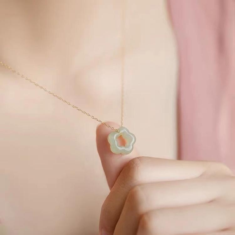 Hollow Carved Flower Shaped Pendant Necklace Natural Jade Necklace Dainty Choker
