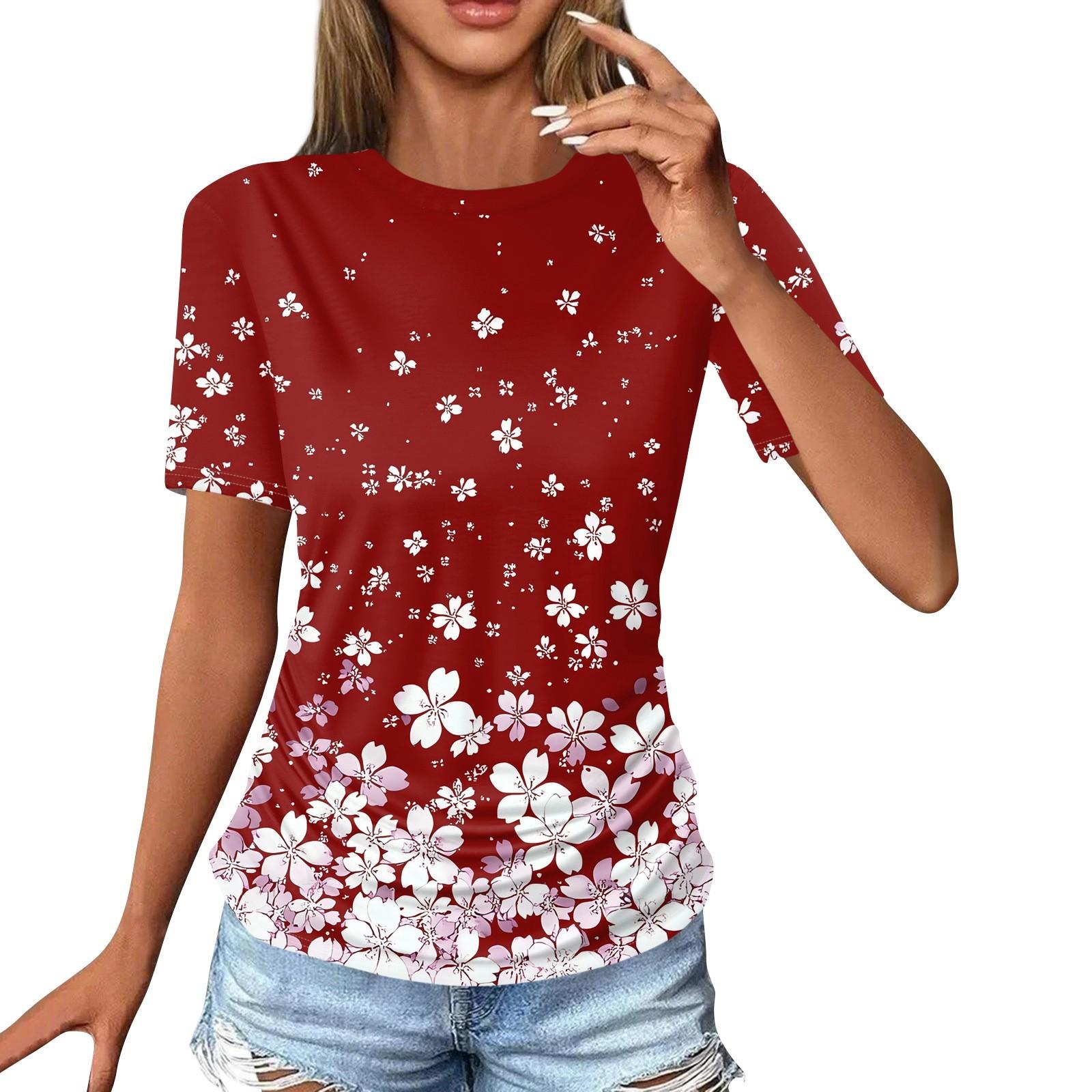 

Жіночі футболки Модні повсякденні топи з круглим вирізом і короткими рукавами. Туніка з принтом XL червоний