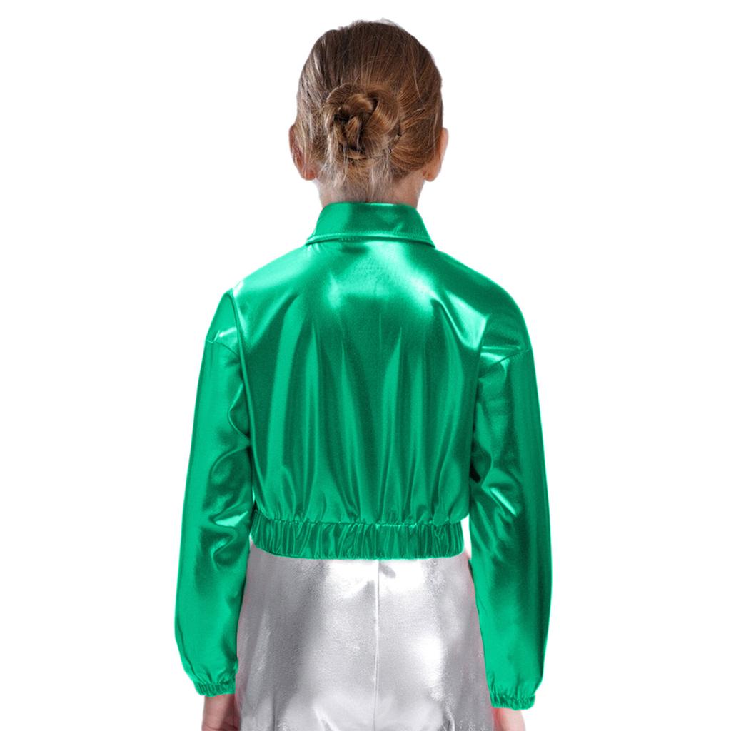 Unisex Kids Metallic Shiny Jacket Turn Down Collar Long Sleeve Flap Pockets Hip Hop Jazz Dance Outwear