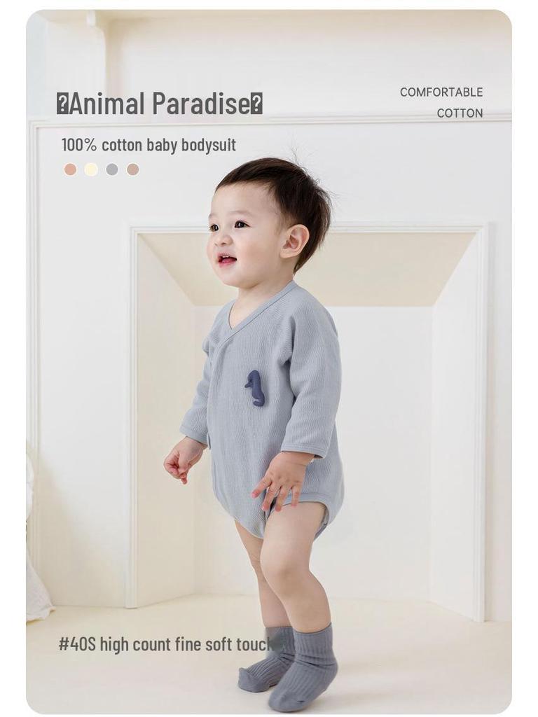Infant Pure Cotton Long Sleeve Bodysuit with Off-Center Placket - Newborn Spring Romper