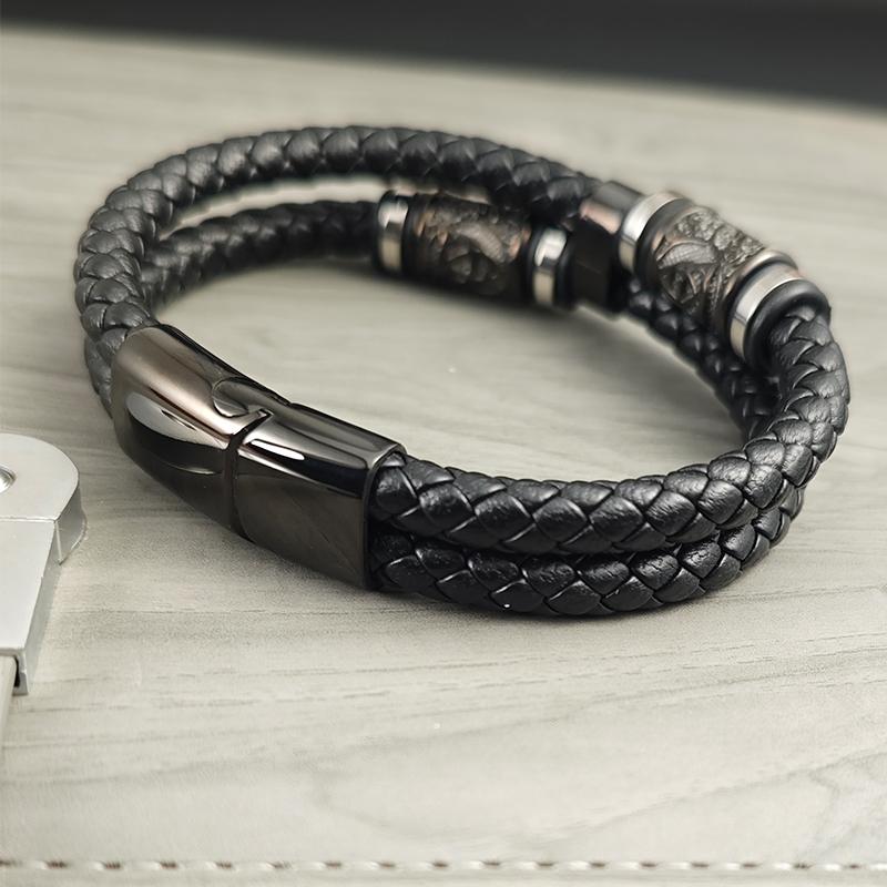 Combination Symbol Accessories Stainless Steel Men's Leather Bracelet Double Weave Suitable for Handsome Boys Birthday Gifts