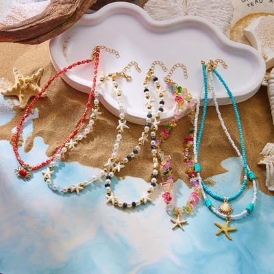 New Starfish and Shell Beaded Necklace Summer Dopamine Ocean Crab Pendant Pearl Choker