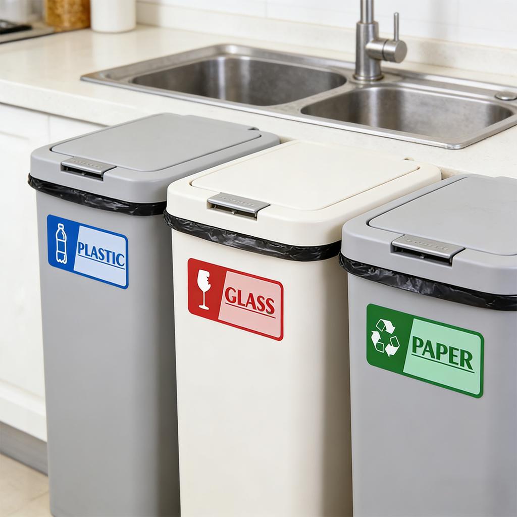 Four Self Adhesive, And Fade Resistant Recycling Stickers For Trash Cans In Schools, And Public Places.