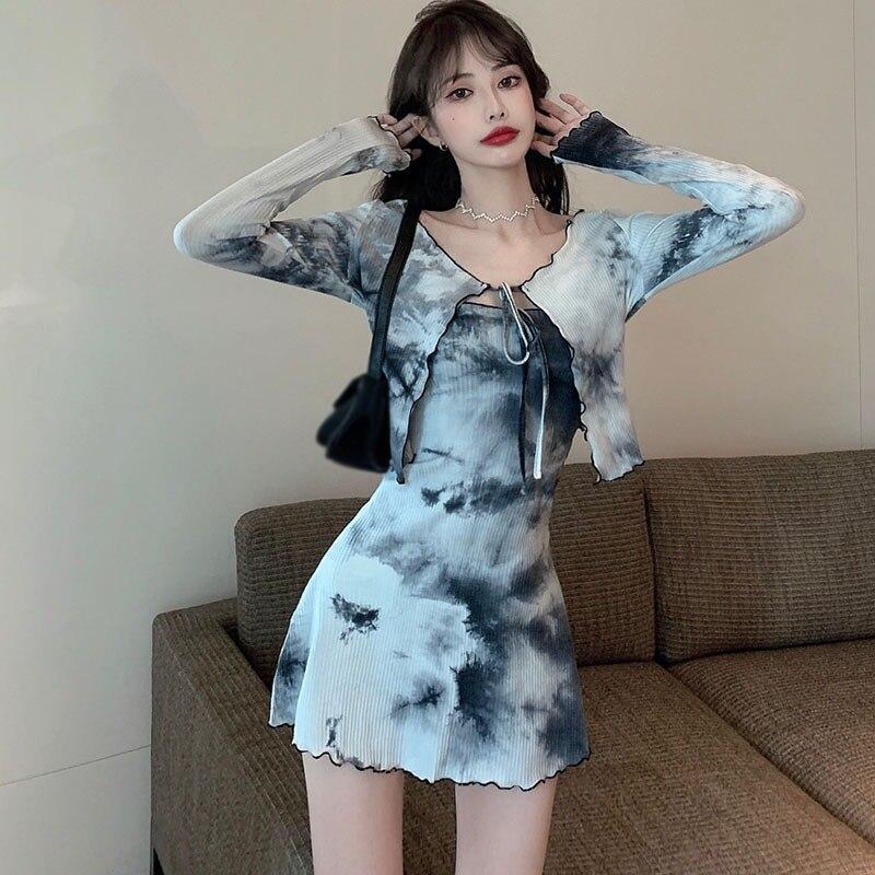 Two-pieces Autumn Women Tops And Cardigans Charmed Tie-dye Slim Dresses Coat Suits