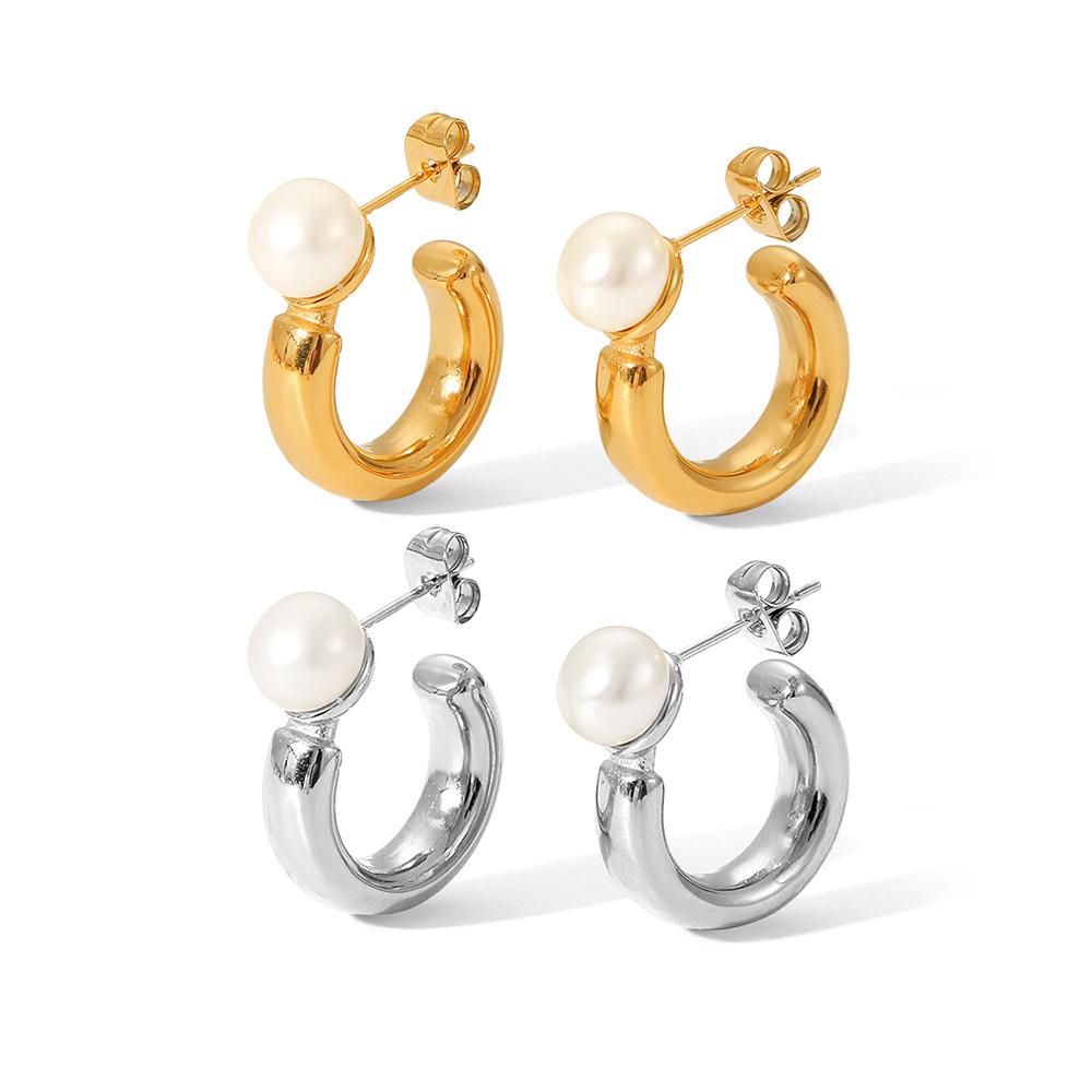 Bestseller C-förmige Edelstahl-Ohrringe für Damen, Perlenstecker, modischer eleganter High-End-Titanstahl-Ohrschmuck