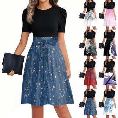 Women's Fashionable Casual Belt Short Sleeved Round Neck Printed Patchwork Dress