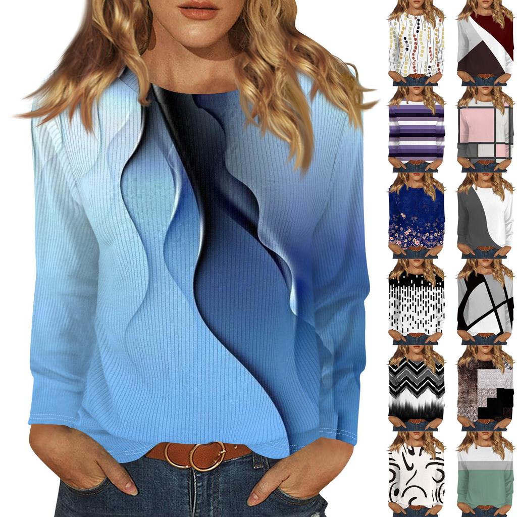 Topper med lange ermer for kvinner T-skjorte Casual trykktopper T-skjorte Rund hals Pullover Bluse