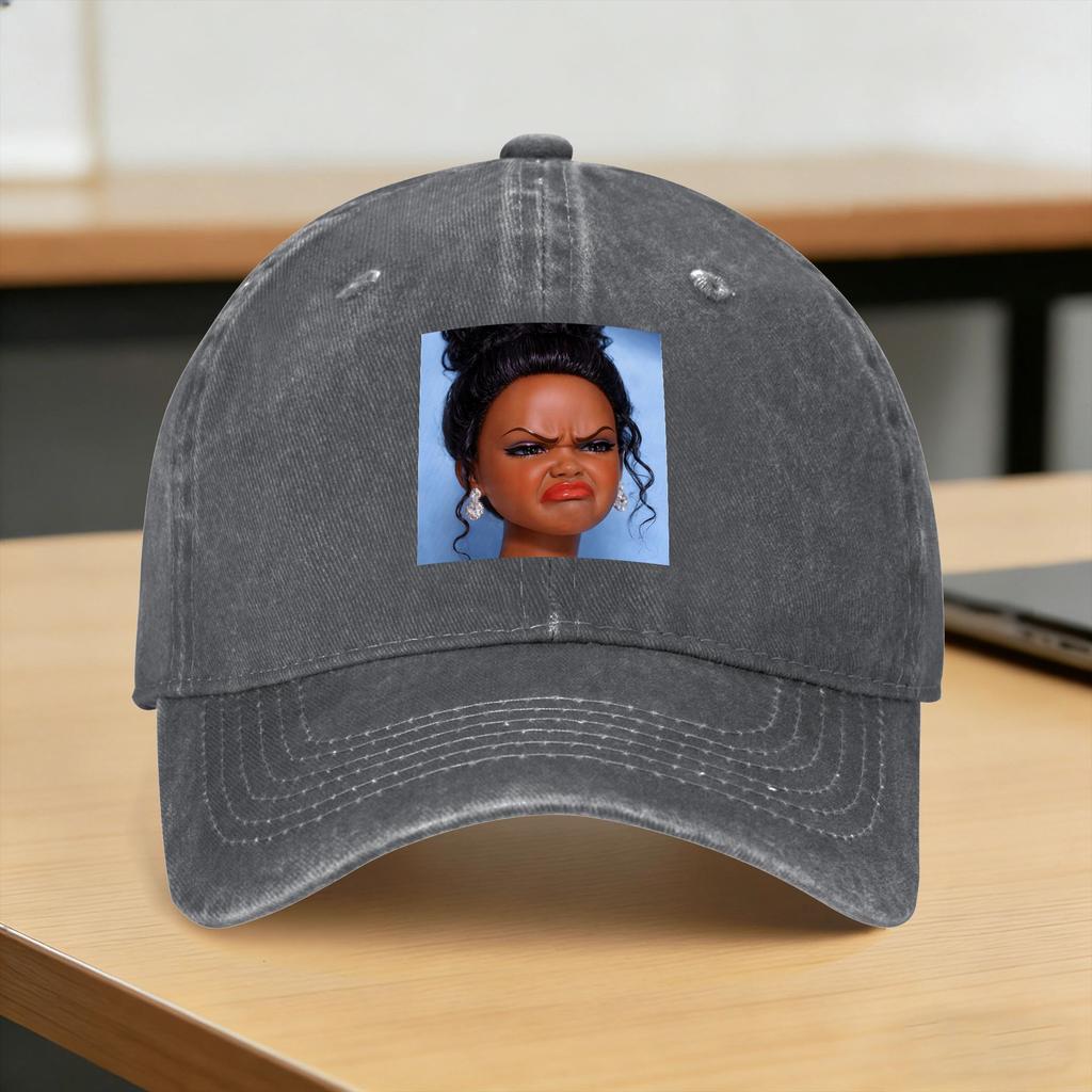 Angry Disgusted Black Doll Face Meme Washed Baseball Cap Fitted Retro Sun Trucker Hat Summer Women Unisex Kpop Rock Snapback Cap