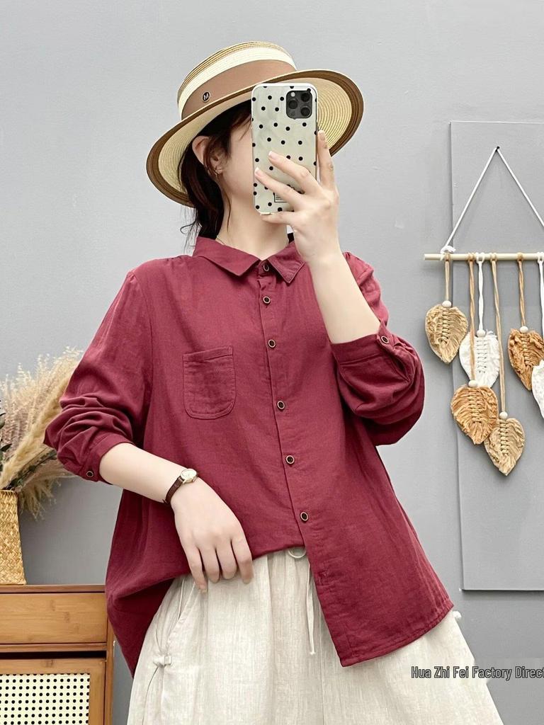Mori-kei Double Layer Cotton Gauze Long Sleeve Shirt - Women's Loose Versatile Casual Top