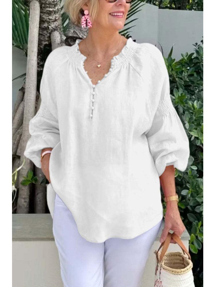 Women’s Polo-neck V-neck Plain Cotton-linen Long-sleeved Casual Top
