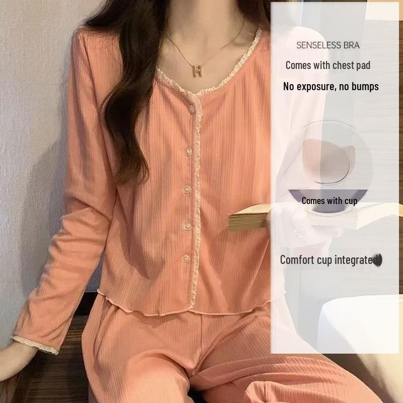 Korean Style Sweet Pajama Set for Girls: Cardigan Long Sleeve with Chest Pads, Wear Outside, Spring/Autumn Casual.