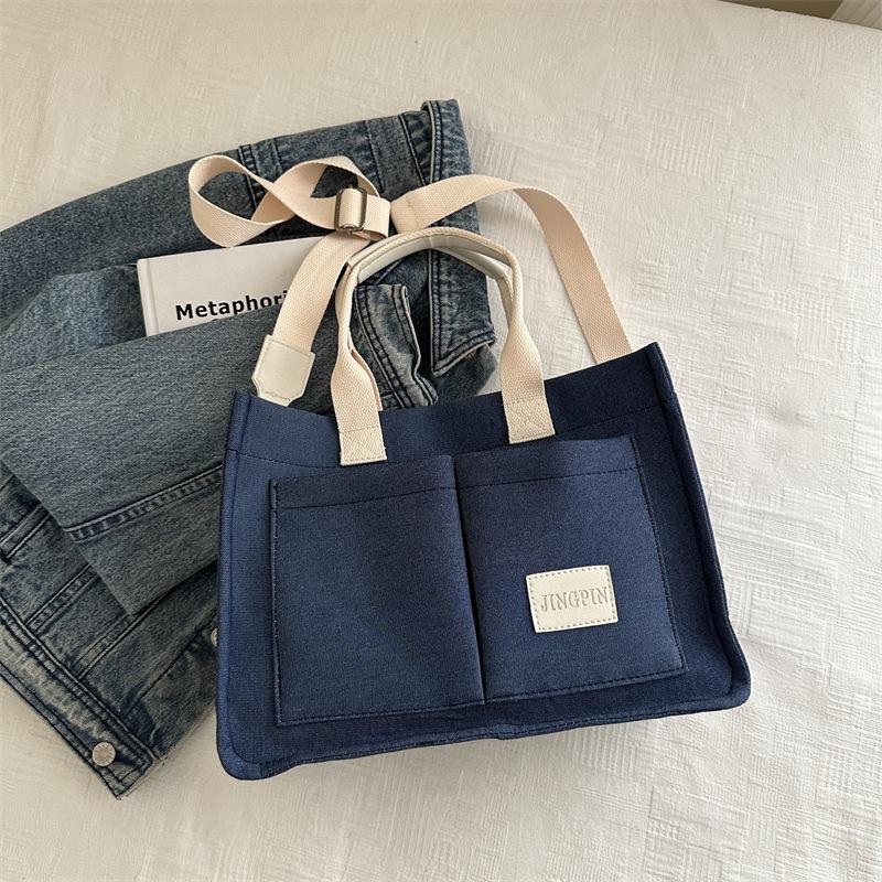 

Простая хлопково-льняная наплечная сумка-тоут 2025 осень и зима новая текстура в иностранном стиле большая вместимость сумка-мессенджер синий