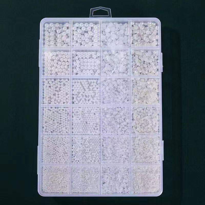 24-Grid Nail Art Pearl Rhinestones: Half & Full Round Off White and Pure White Mix