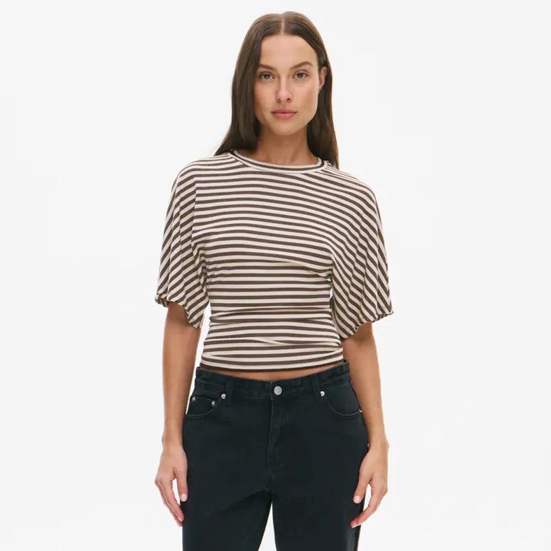 Q25TP400 Women's Slim-Fit Autumn Striped Round Neck Short Sleeve Top