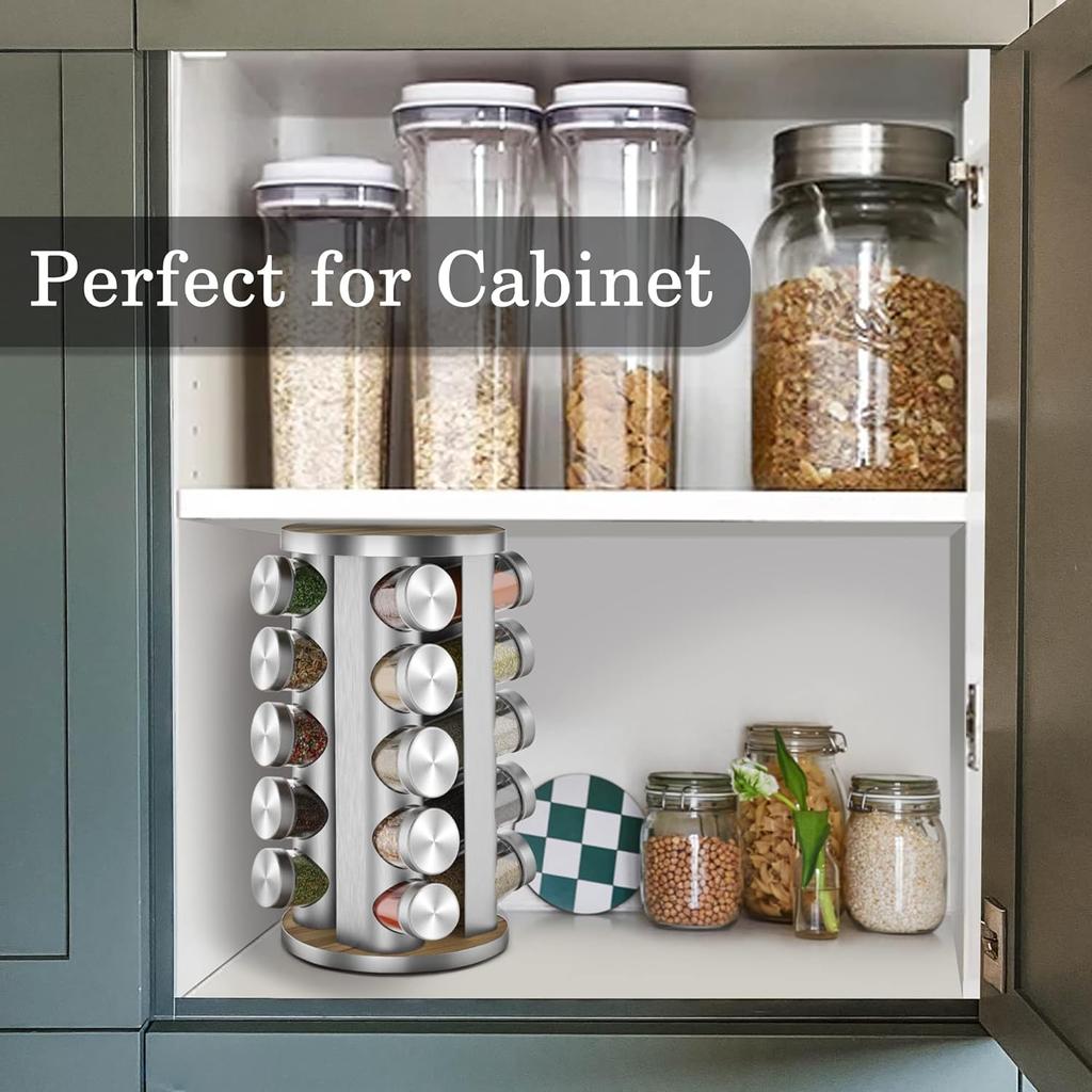 Revolving Spice Rack with 12/16/20 Jars, Rotating Seasoning Organizer with Labels, Stainless Steel Spice Carousel for Kitchen Countertop, Cabinet