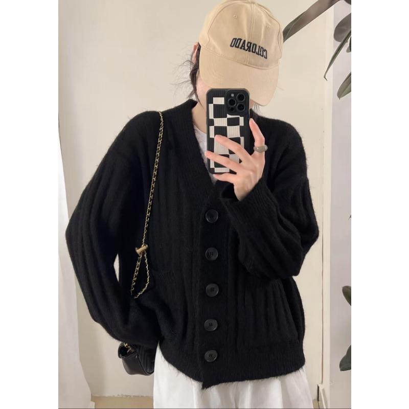 

Осень и зима широкий и тонкий высококлассный средней длины вязаный кардиган ленивый ветер мягкий восковой утолщенный свитер с V-образным вырезом куртка женская One size чёрный