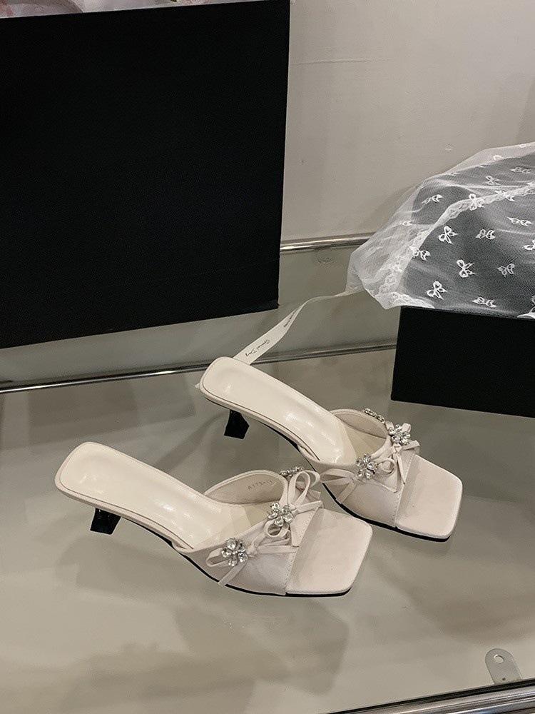Fairy style with skirt, rhinestone sandals with slippers, square head, thin heel, sandals, women's high heels, soft sole tide