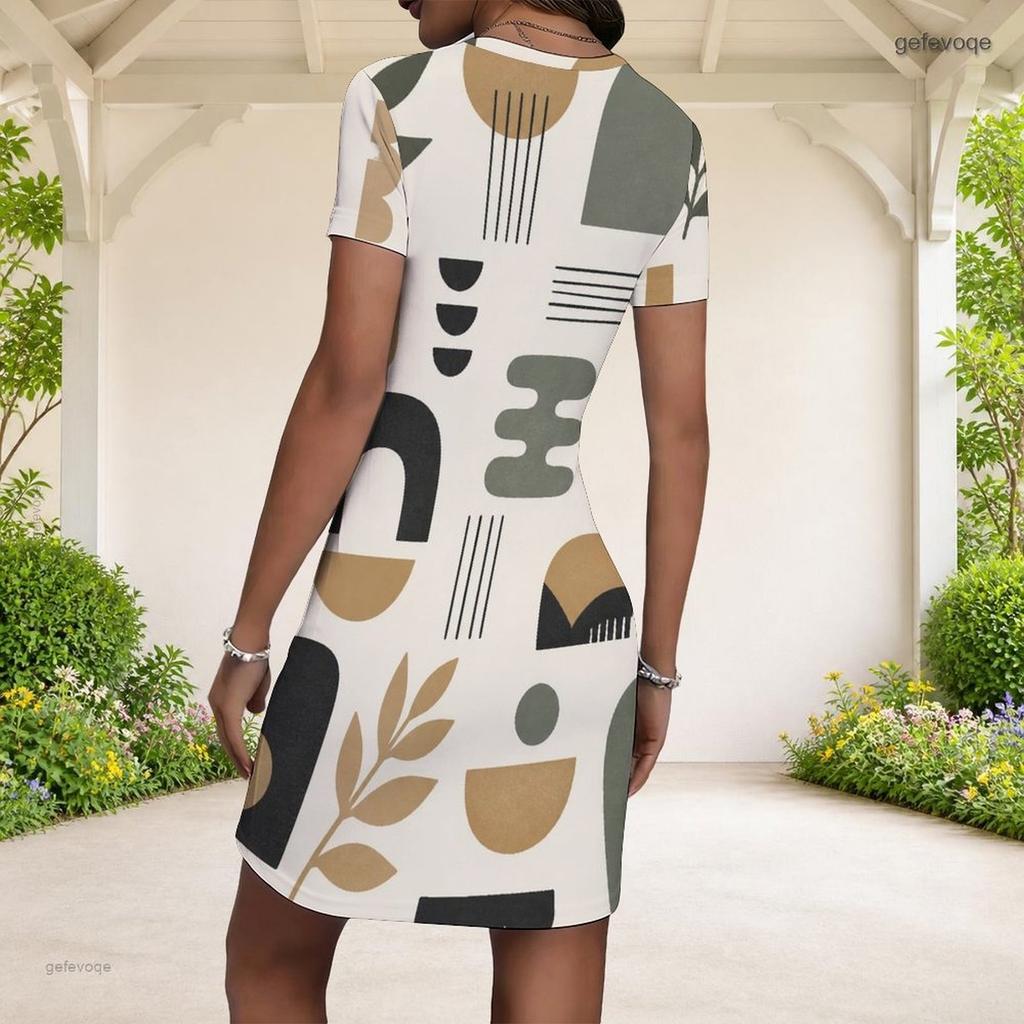 Women Plus Size Round Neck Short Sleeve Patchwork Printed Fitted Mini Dress Black White Grey