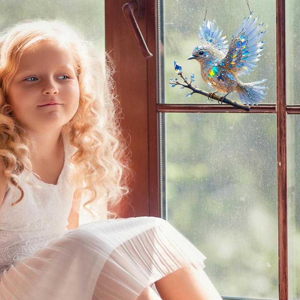 Crystal Bluebird Stained Art Ornament 2D Acrylic Sun Catcher Hummingbird for Outdoor Garden Yard Living Room Window Decoration