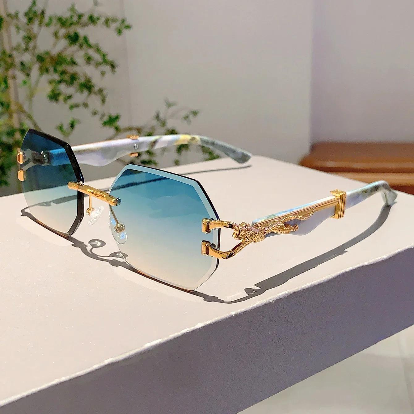 

Новые солнцезащитные очки без оправы с острым краем в виде головы леопарда, нестандартные, винтажный модный стиль, защита UV400, стильные очки для женщин и мужчин