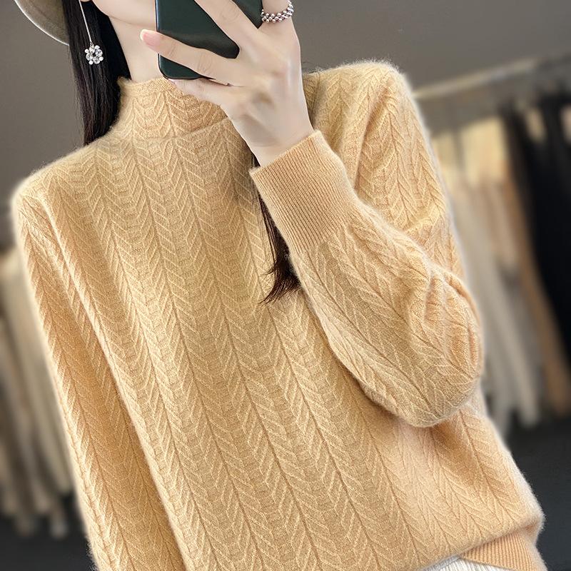 

Women s Half-high Neck Jacquard Solid Color Full Wool Pullover Sweater Loose Casual Commuter Autumn and Winter New Knitted Long Sleeves S