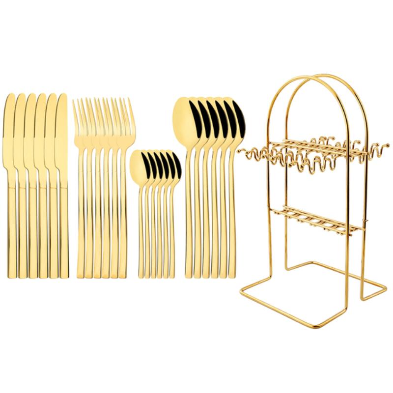 24-teiliges Regenbogen-Besteck-Set mit Halter, 304 Edelstahl, Besteck, Messer, Gabel, Löffel, Geschirr, Party-Küche, Besteck-Set mit Aufbewahrungsregal