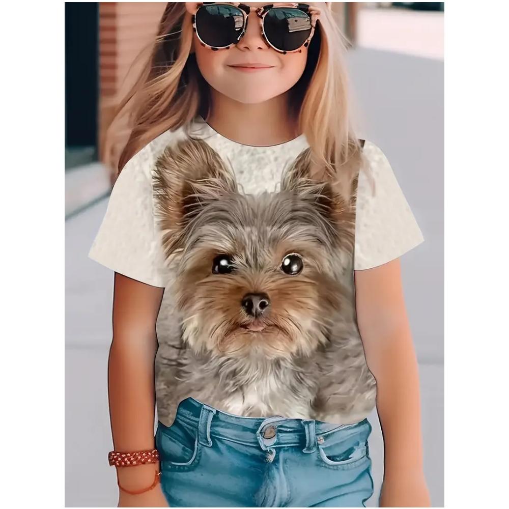 T-Shirt for Girls 3D Print Cute Dog Graphic T Shirts Summer Short Sleeves Casual Fashions Crew Neck Short Sleeves Children's Clo