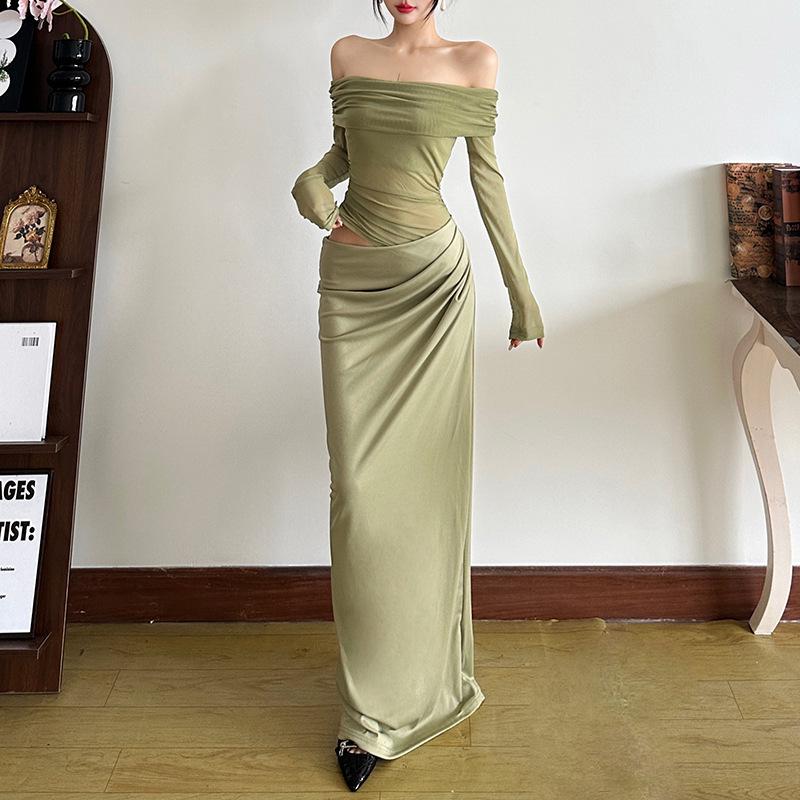 2026 Summer Women’s Long Sleeve Mesh Spliced See-through Bandeau Dress