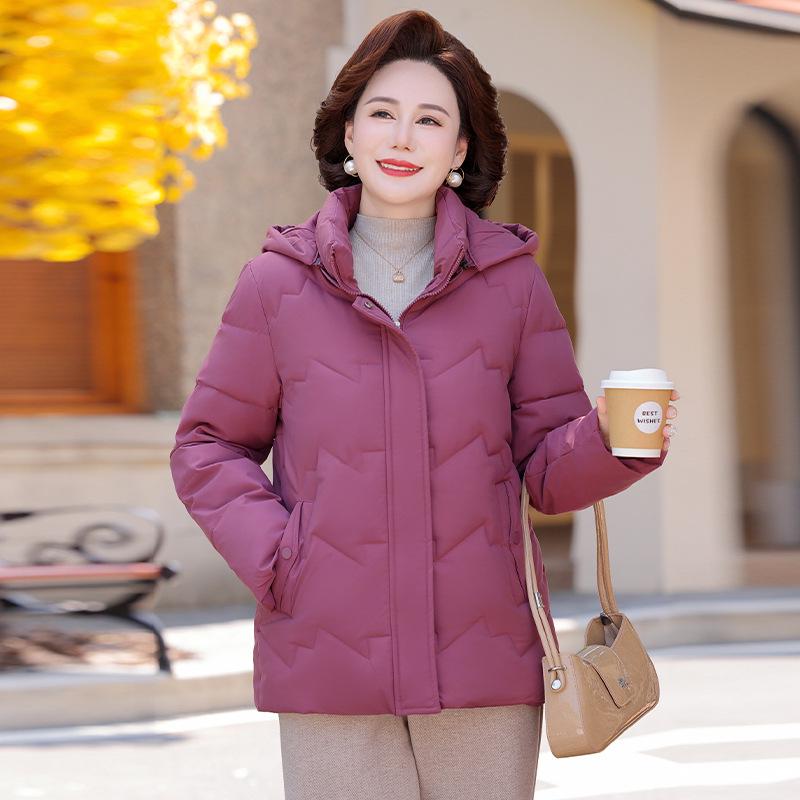 

Women s Winter Hooded Cotton Jacket - Warm, Velvet-Lined, Thickened for Middle-aged & Elderly 3XL (Weight: 115-130 kg) purplish червоний колір
