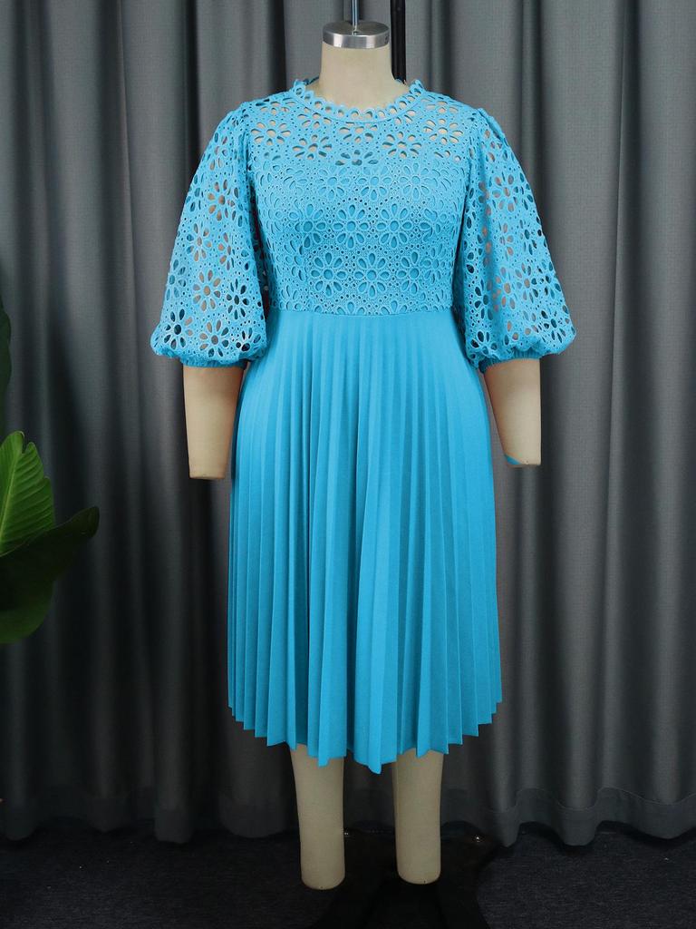 Plus Size Lace Lantern Sleeve Dress with Pleated Skirt - Christmas Gift