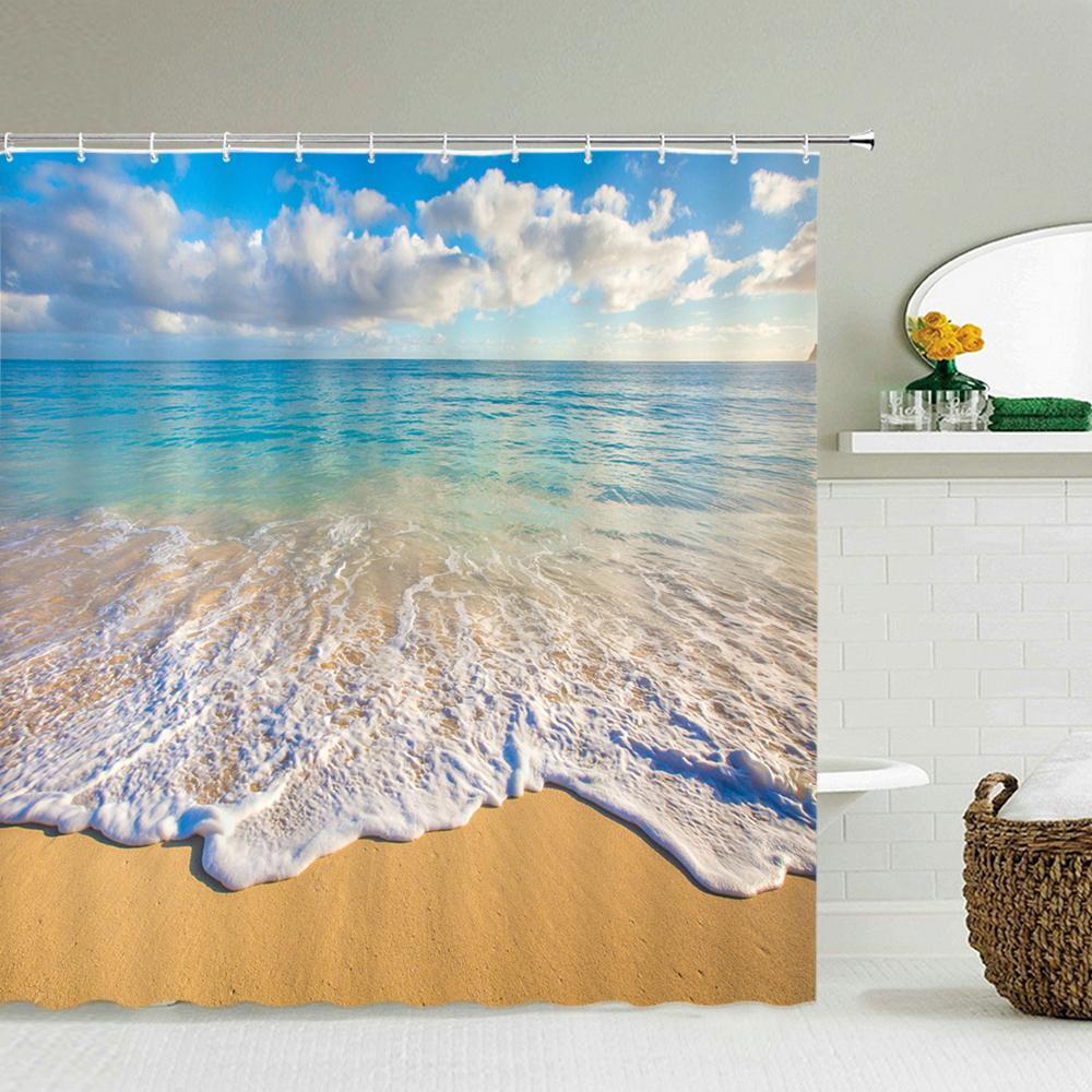 3d Beach Scenery Shower Curtains Sea Ocean Mediterranean Bathroom Curtain Waterproof Cloth Decoration 180*240cm Bath Curtain