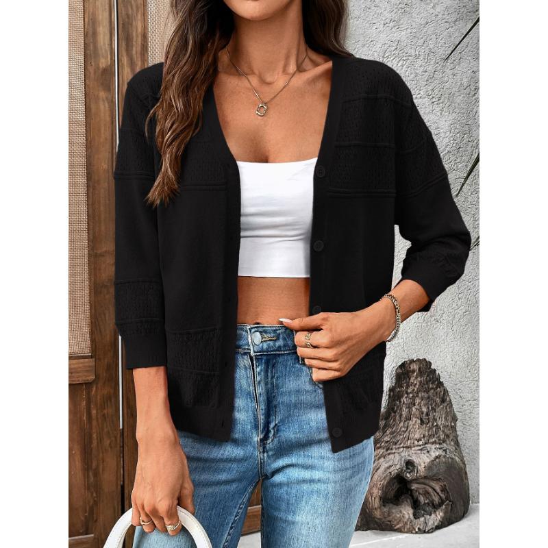 Cardigan da donna estate 2025, scialle sottile, manica a tre quarti, lavorazione a maglia traforata, scollo a V