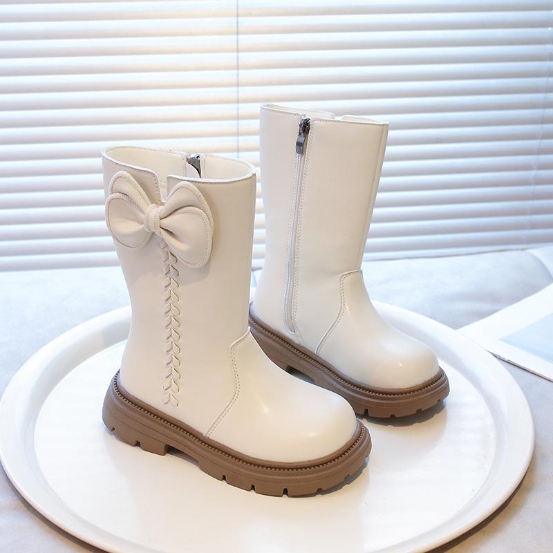 Dívčí kozačky po koleno v britském stylu s fleecovou podšívkou a mašlí - Móda podzim/zima 2025 pro malé princezny s měkkou podrážkou