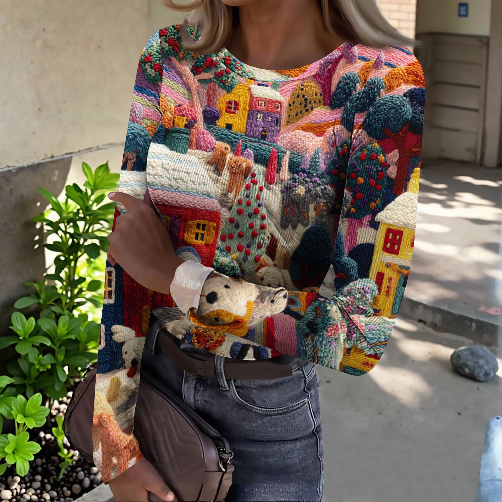 

Женская футболка с облегающим низом, модная повседневная с градиентным принтом, пуловер с круглым вырезом и длинными рукавами M