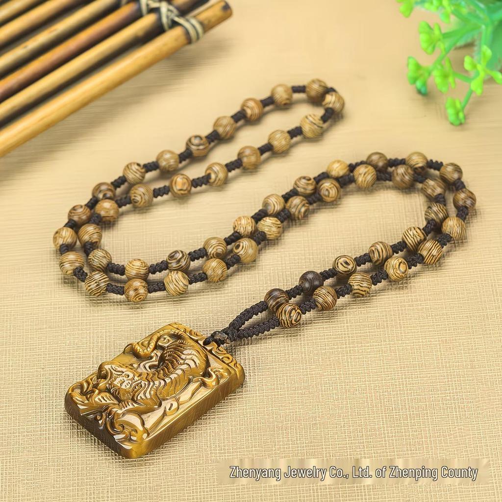 Men's Zodiac Tiger Pendant: Natural Tiger Eye Stone Necklace - Year of the Tiger, Fierce Tiger Design