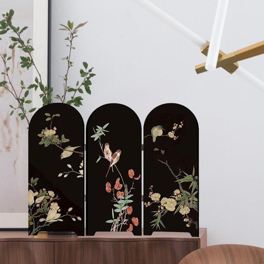 Kinesisk Design Mini Skärmprydnad 3-delad Skiljevägg Liten Bordsdekoration Fågel- och Blomtryck för