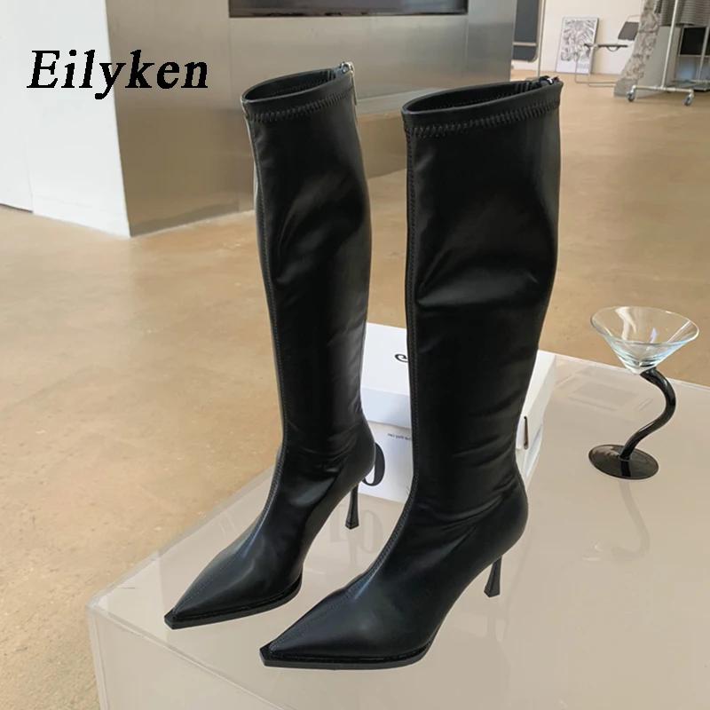 Fashion Eilyken Sexy Pointed Toe High Heels Women Knee-High Boots Spring Autumn Shoes Slim Elastic Fabric  Modern Long Botas Mujer