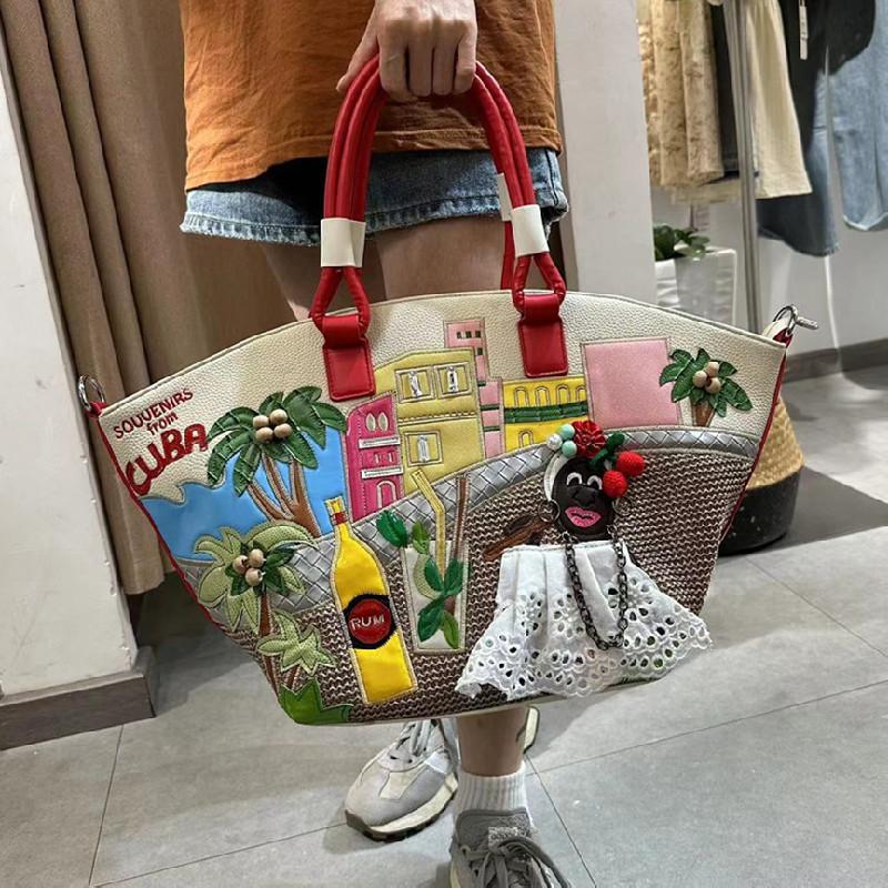 Printemps Nouvelle Mode Grand Sac Fourre-Tout Créatif Épissage Brodé Sacs à Bandoulière pour Femmes Sac Panier Haute Capacité Européen Américain Rétro Sacs à Main pour Dames