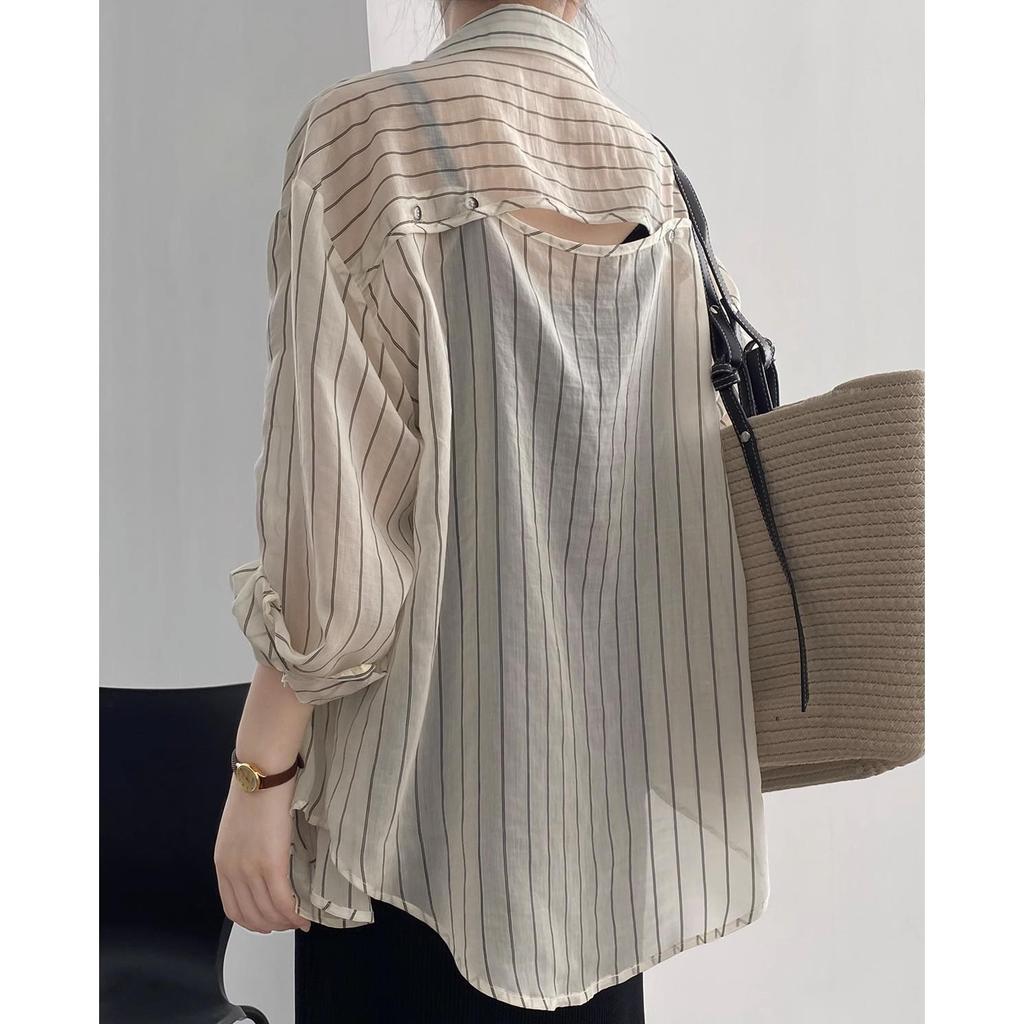 Large Size Ice Silk Striped Shirt for Women In Summer Thin Breathable Versatile Sunscreen Cardigan Jacket,Top
