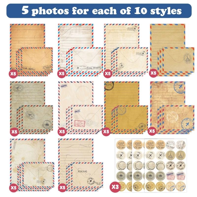 Vintage Paper Stationery Set 50 Letter Paper Lined Sheets 50 Matching Envelopes 60 Sealing Label Sticker for Wedding