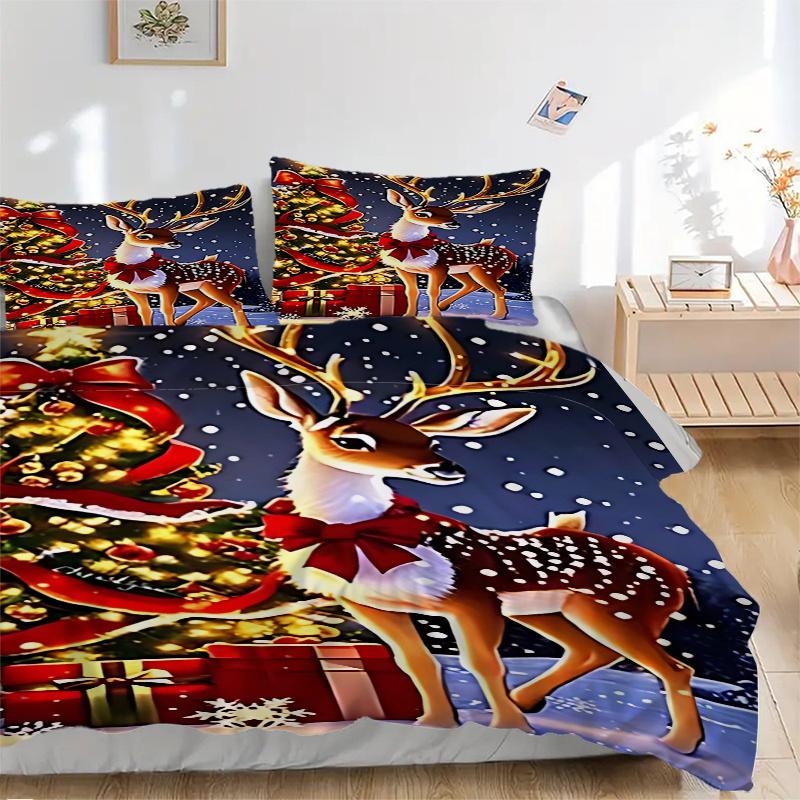 3pcs Christmas Deer Bedding Set with Red Bow - Festive Decor for Bedroom and Guest Room - Includes One Quilt Cover and Two Pillowcases (No Core) - Ani