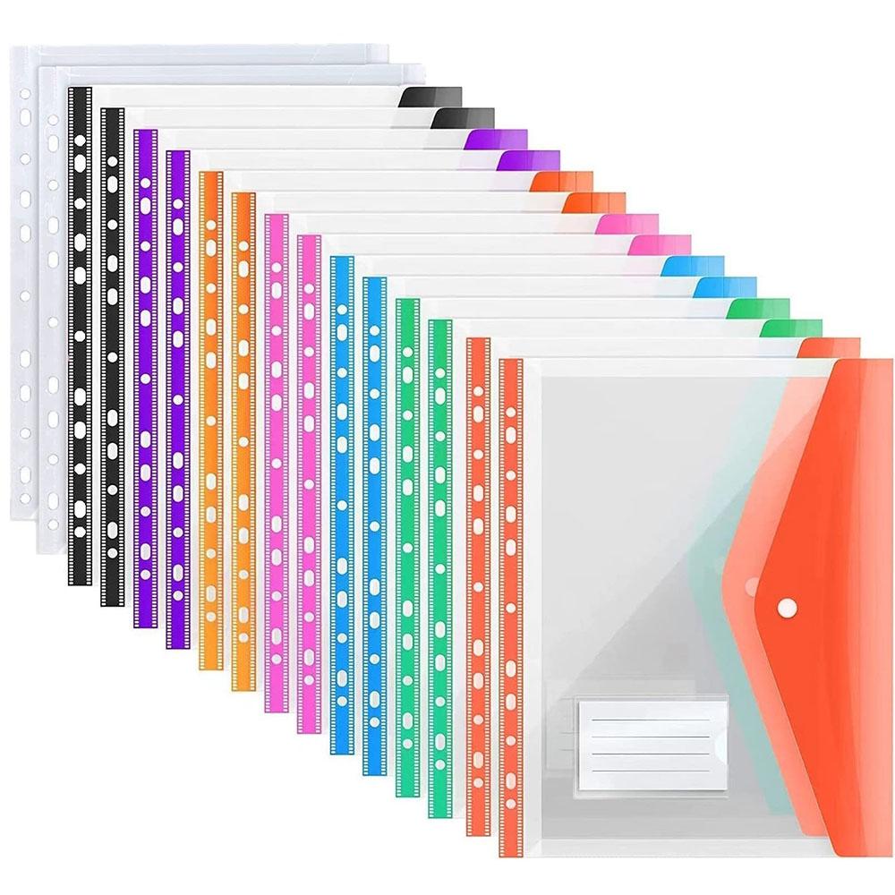 Plastic Envelope with Adhesive Snaps & 11 Holes File Folder Expansion Bag for 2/3/4 Ring File Bag 14Random Colors For School