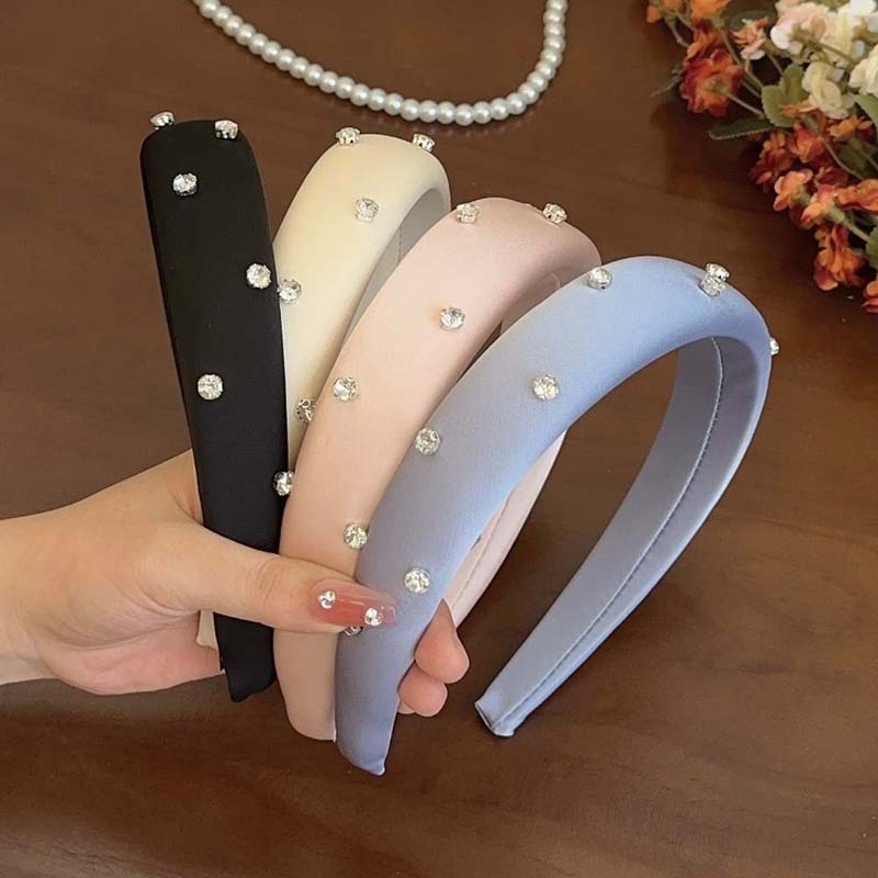 Rhinestone Sponge Hairband For Women Vintage Solid Wide Brim Puffy Puffy Hair Hoop Headband Hair Accessories