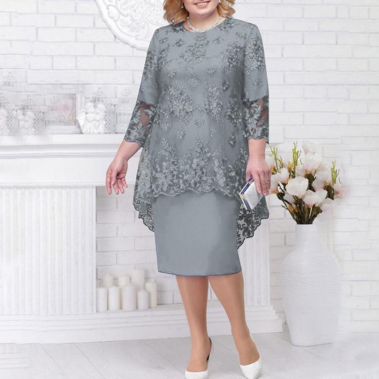 Mode Damen Lässig Zweiteiliges Set Kleid Spitze Stickerei Mittellang Qunide