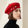 Solid Color French Style Painter Cap Floral Rhinestone Beret Hat Vintage Wool Beret  Daily Use